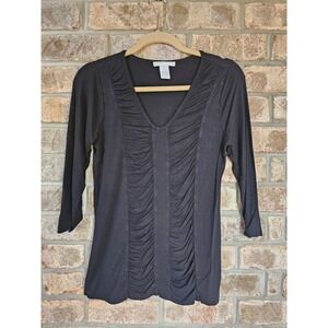 DESIGN HISTORY Black Ruched V Neck 3/4 Sleeve Tunic Top Women's Size‎ M